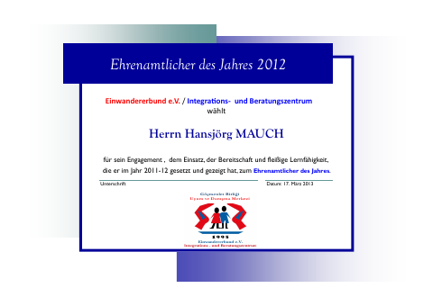 Urkunde: Hansjörg Mauch, 2012