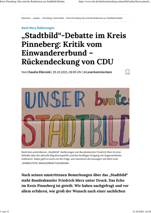 Titelseite: „Stadtbild“-Debatte im Kreis Pinneberg: Kritik vom Einwandererbund – Rückendeckung von CDU