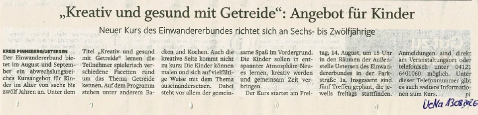 Titelseite: Kreativ und gesund mit Getreide - Angebot für Kinder