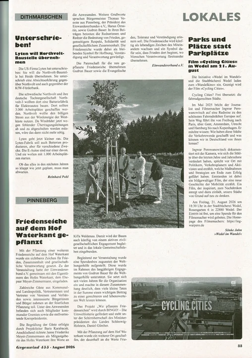 Titelseite: Friedenseiche auf dem Hof Waterkant gepflanzt