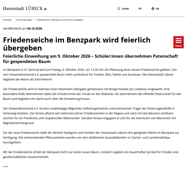 Vorschau: Friedenseiche im Benzpark wird feierlich übergeben