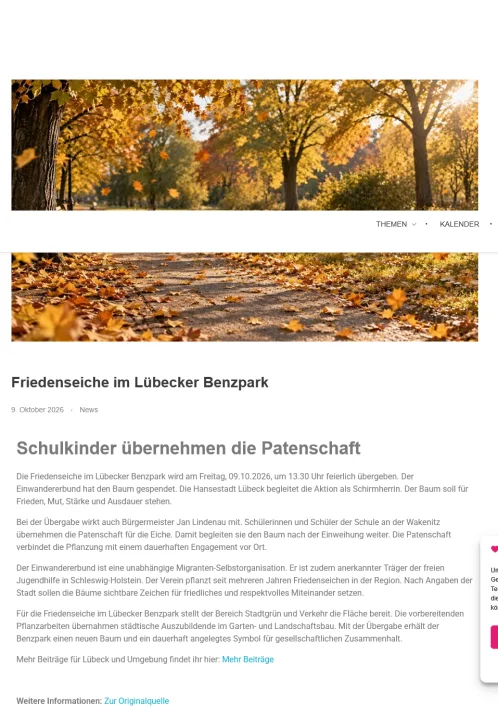 Vorschau: Friedenseiche im Lübecker Benzpark wird übergeben