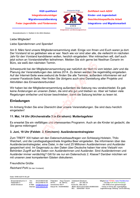 Titelseite EWB-Rundbrief 01/2014