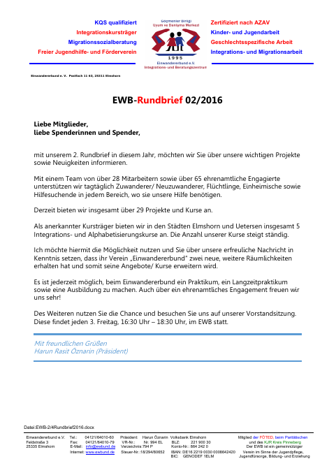 Titelseite EWB-Rundbrief 02/2016
