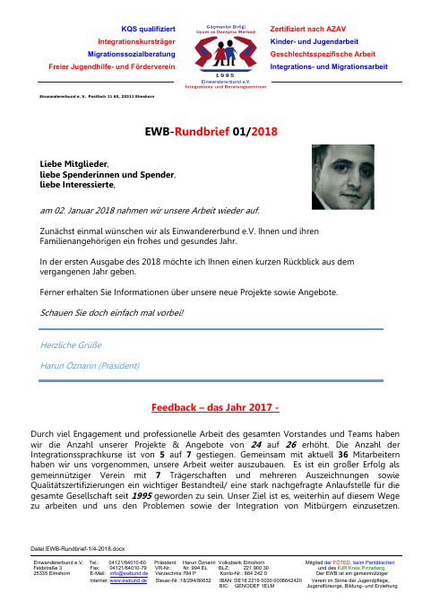Titelseite EWB-Rundbrief 01/2018