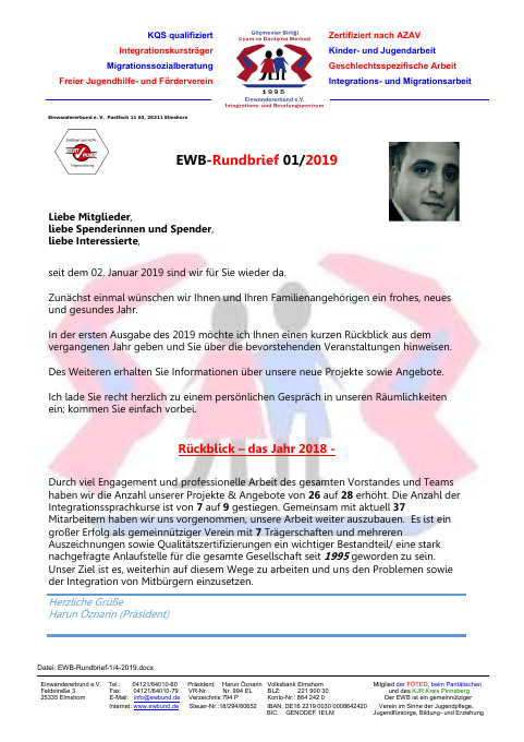 Titelseite EWB-Rundbrief 01/2019