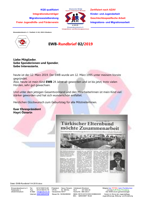 Titelseite EWB-Rundbrief 02/2019