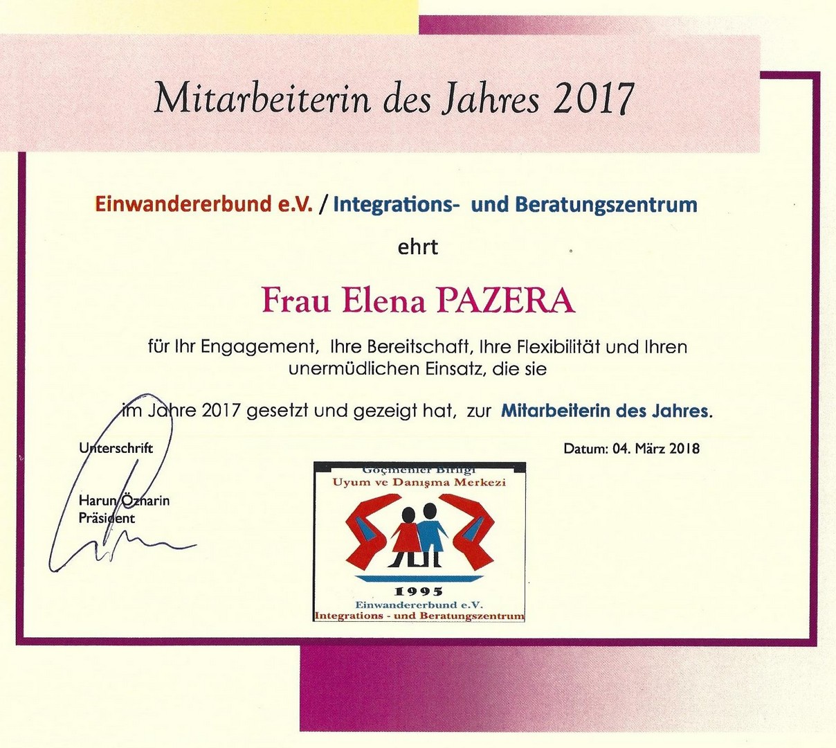 Urkunde: Elena Pazera, 2017