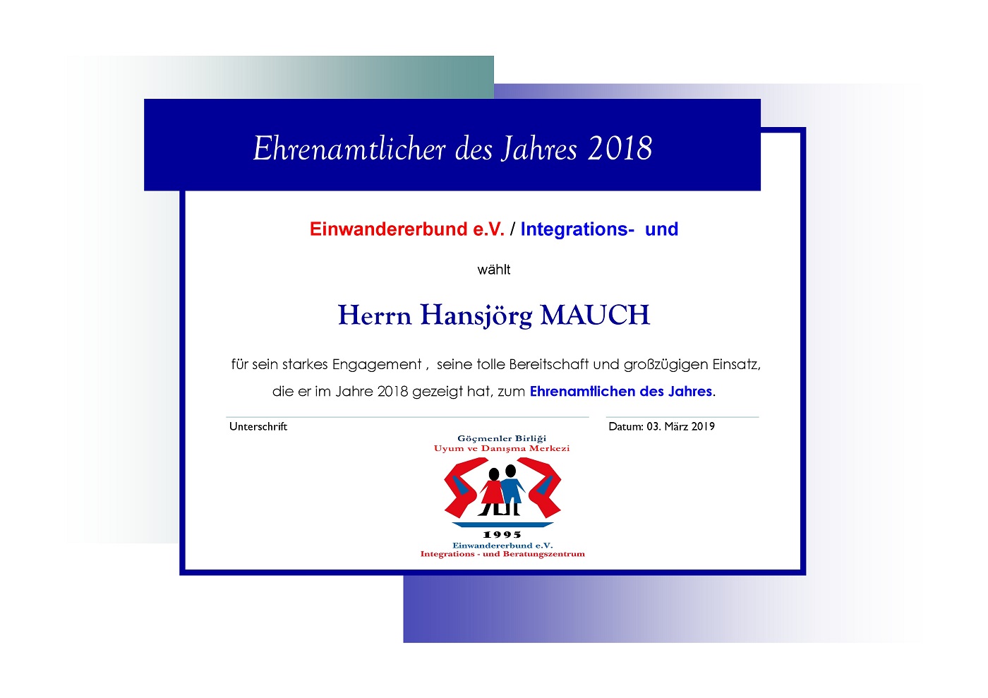 Urkunde: Hansjörg Mauch, 2018